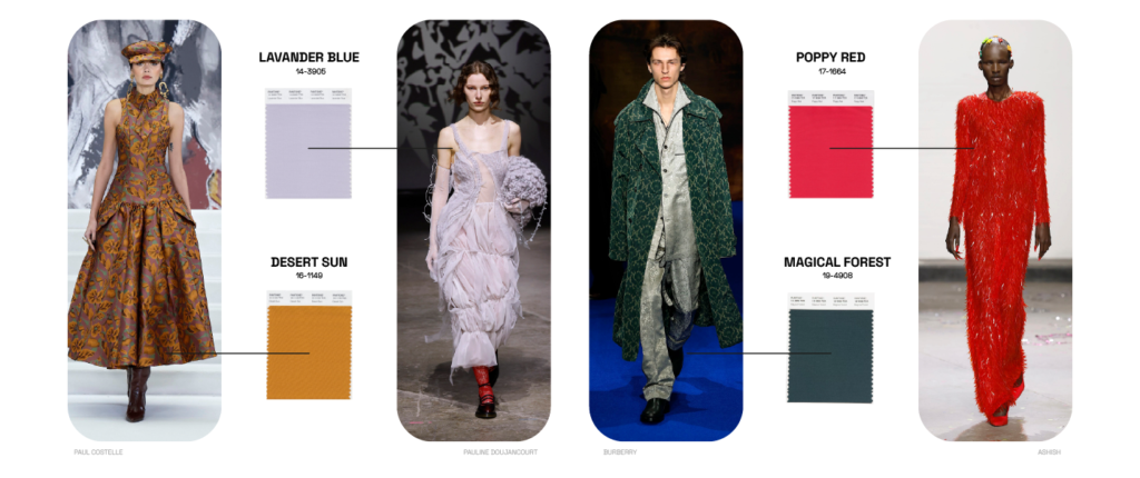Cores de Londres Outono Inverno 2025/26: lavander blue, desert sun, poppy red, magical forest